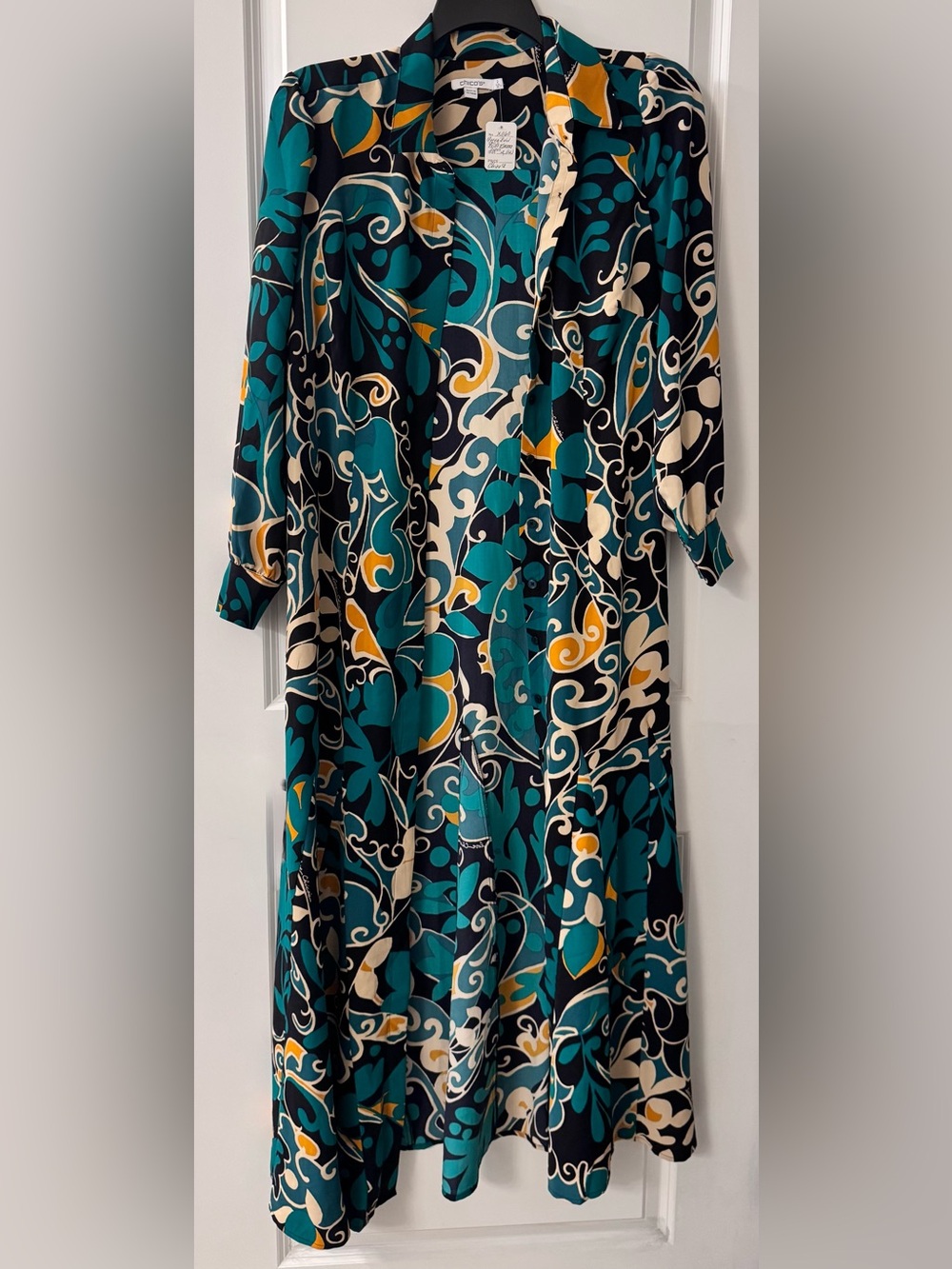 Chico’s Bold Modern Paisley Button Down Dress Kimono Black Green Gold Ivory